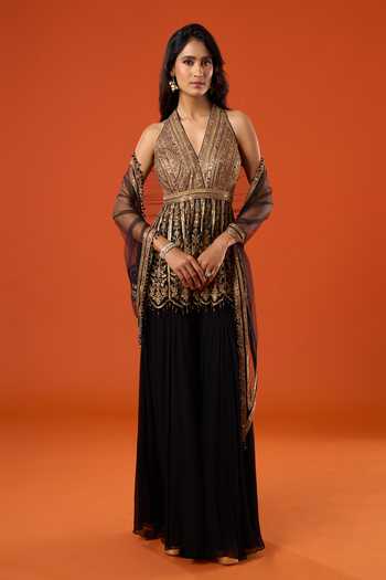 Buy_Tarun Tahiliani_Black Embroidery, Sequins, Zari V-, Halter Floral Kurta Sharara Set _at_Aza_Fashions