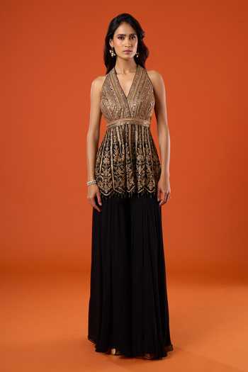 Tarun Tahiliani_Black Embroidery, Sequins, Zari V-, Halter Floral Kurta Sharara Set _at_Aza_Fashions