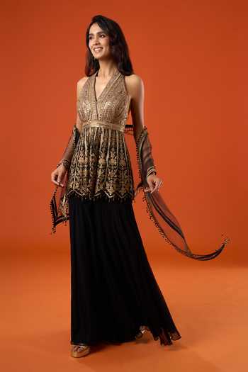 Shop_Tarun Tahiliani_Black Embroidery, Sequins, Zari V-, Halter Floral Kurta Sharara Set 