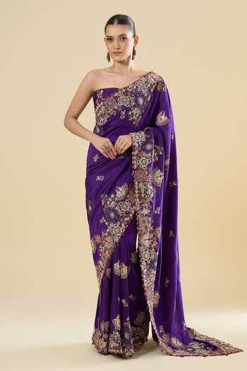Buy_Anamika Khanna_Purple Embroidery, Zari Butti Print Saree And Unstitched Blouse Piece Set _at_Aza_Fashions
