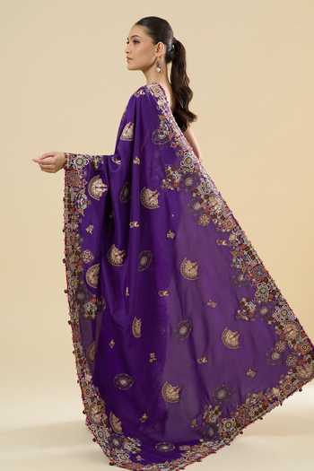 Anamika Khanna_Purple Embroidery, Zari Butti Print Saree And Unstitched Blouse Piece Set _Online_at_Aza_Fashions