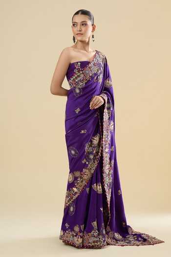 Buy_Anamika Khanna_Purple Embroidery, Zari Butti Print Saree And Unstitched Blouse Piece Set _Online_at_Aza_Fashions