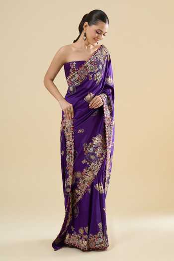 Shop_Anamika Khanna_Purple Embroidery, Zari Butti Print Saree And Unstitched Blouse Piece Set _Online_at_Aza_Fashions
