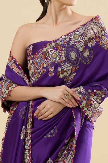 Anamika Khanna_Purple Embroidery, Zari Butti Print Saree And Unstitched Blouse Piece Set _at_Aza_Fashions