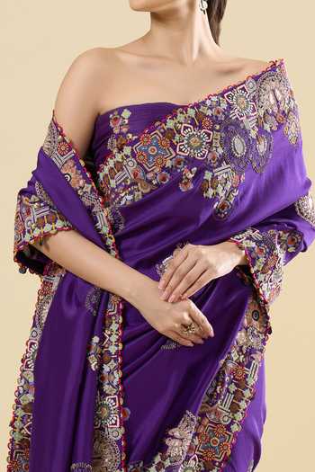 Buy_Anamika Khanna_Purple Embroidery, Zari Butti Print Saree And Unstitched Blouse Piece Set 