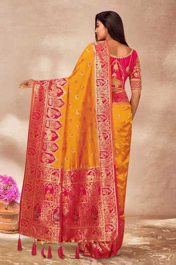 Shop_Khwaab By Sanjana Lakhani_Pink Silk Sequins, Embroidery Round Neck Yellow Banarasi Woven Saree And Blouse _at_Aza_Fashions