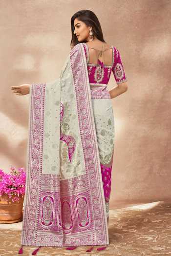 Shop_Khwaab By Sanjana Lakhani_Pink Silk Embroidery, Zari Round Neck Floral Woven Banarasi Saree And Blouse _at_Aza_Fashions