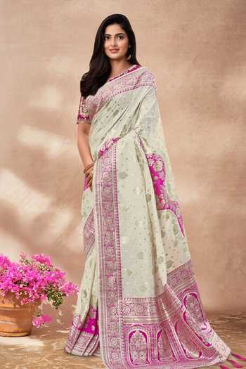 Khwaab By Sanjana Lakhani_Pink Silk Embroidery, Zari Round Neck Floral Woven Banarasi Saree And Blouse _Online_at_Aza_Fashions