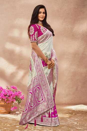 Buy_Khwaab By Sanjana Lakhani_Pink Silk Embroidery, Zari Round Neck Floral Woven Banarasi Saree And Blouse _Online_at_Aza_Fashions