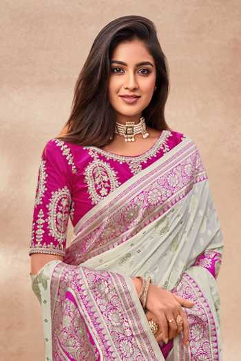 Shop_Khwaab By Sanjana Lakhani_Pink Silk Embroidery, Zari Round Neck Floral Woven Banarasi Saree And Blouse _Online_at_Aza_Fashions