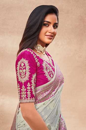 Khwaab By Sanjana Lakhani_Pink Silk Embroidery, Zari Round Neck Floral Woven Banarasi Saree And Blouse _at_Aza_Fashions