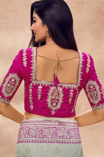 Shop_Khwaab By Sanjana Lakhani_Pink Silk Embroidery, Zari Round Neck Floral Woven Banarasi Saree And Blouse 