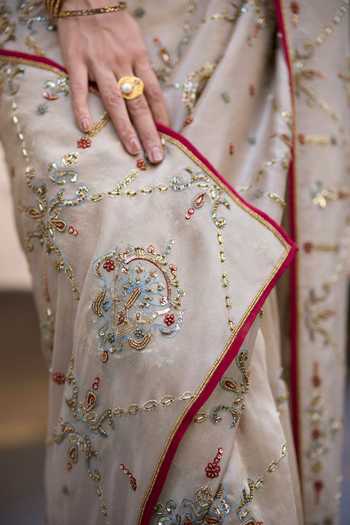 Sarang Kaur_Grey Silk, Tissue, Satin Embroidery, Khaira Saree With Unstitched Blouse Piece _Online_at_Aza_Fashions