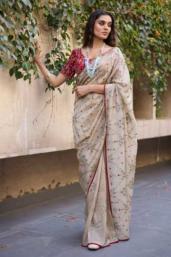 Buy_Sarang Kaur_Grey Silk, Tissue, Satin Embroidery, Khaira Saree With Unstitched Blouse Piece _at_Aza_Fashions