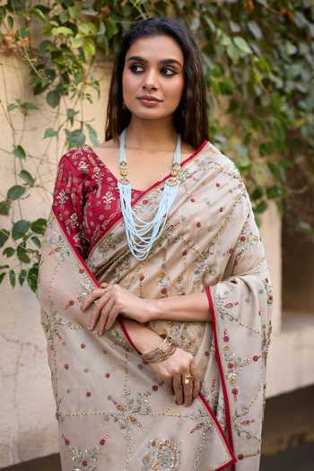 Shop_Sarang Kaur_Grey Silk, Tissue, Satin Embroidery, Khaira Saree With Unstitched Blouse Piece _Online_at_Aza_Fashions
