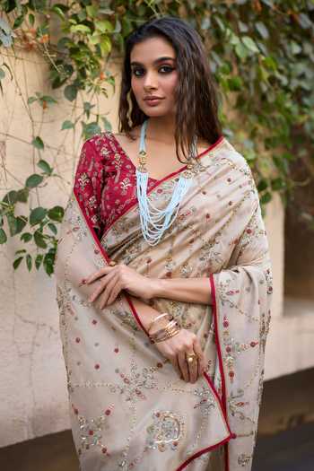 Sarang Kaur_Grey Silk, Tissue, Satin Embroidery, Khaira Saree With Unstitched Blouse Piece _at_Aza_Fashions