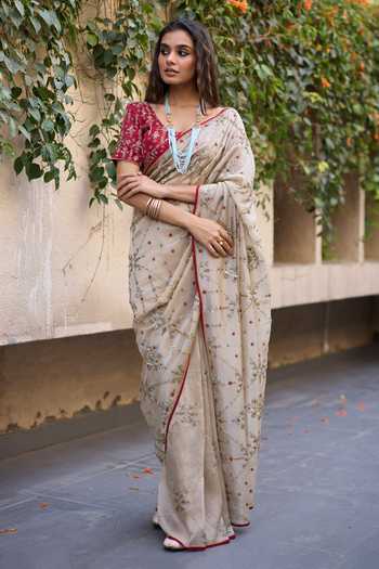 Buy_Sarang Kaur_Grey Silk, Tissue, Satin Embroidery, Khaira Saree With Unstitched Blouse Piece 