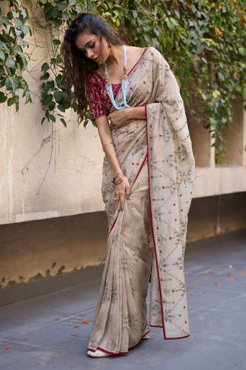 Shop_Sarang Kaur_Grey Silk, Tissue, Satin Embroidery, Khaira Saree With Unstitched Blouse Piece 