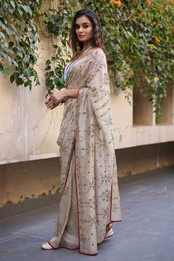 Buy_Sarang Kaur_Grey Silk, Tissue, Satin Embroidery, Khaira Saree With Unstitched Blouse Piece _Online