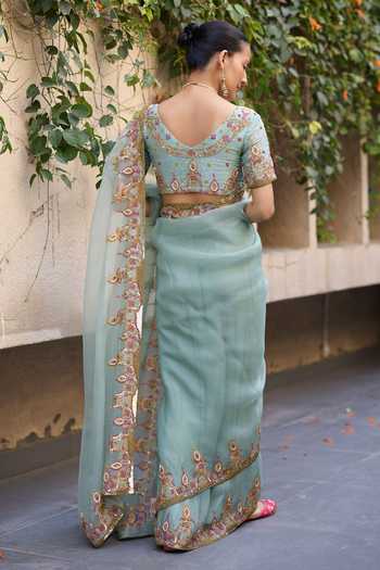 Shop_Sarang Kaur_Blue Silk, Organza, Tissue Sajhili Saree With Unstitched Blouse Piece _at_Aza_Fashions