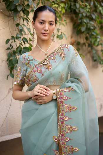 Sarang Kaur_Blue Silk, Organza, Tissue Sajhili Saree With Unstitched Blouse Piece _Online_at_Aza_Fashions