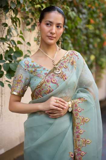 Buy_Sarang Kaur_Blue Silk, Organza, Tissue Sajhili Saree With Unstitched Blouse Piece _Online_at_Aza_Fashions