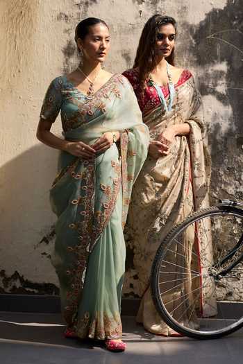 Buy_Sarang Kaur_Blue Silk, Organza, Tissue Sajhili Saree With Unstitched Blouse Piece 