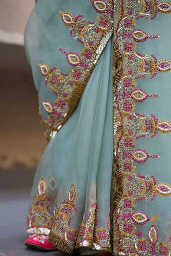 Shop_Sarang Kaur_Blue Silk, Organza, Tissue Sajhili Saree With Unstitched Blouse Piece 
