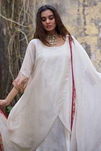 Sarang Kaur_White Chanderi, Tissue, Silk Embroidery, Zari Sajili Layered Kurta Pant Set _Online_at_Aza_Fashions
