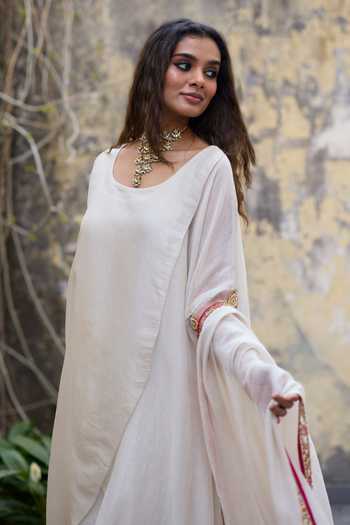 Shop_Sarang Kaur_White Chanderi, Tissue, Silk Embroidery, Zari Sajili Layered Kurta Pant Set _Online_at_Aza_Fashions