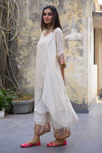 Sarang Kaur_White Chanderi, Tissue, Silk Embroidery, Zari Sajili Layered Kurta Pant Set _at_Aza_Fashions