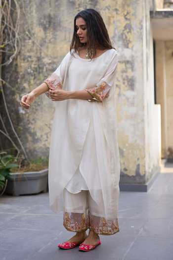 Buy_Sarang Kaur_White Chanderi, Tissue, Silk Embroidery, Zari Sajili Layered Kurta Pant Set 