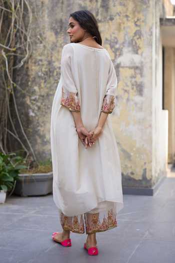Shop_Sarang Kaur_White Chanderi, Tissue, Silk Embroidery, Zari Sajili Layered Kurta Pant Set _at_Aza_Fashions
