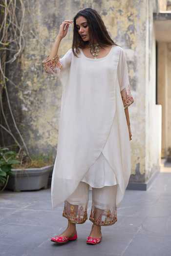 Sarang Kaur_White Chanderi, Tissue, Silk Embroidery, Zari Sajili Layered Kurta Pant Set _Online