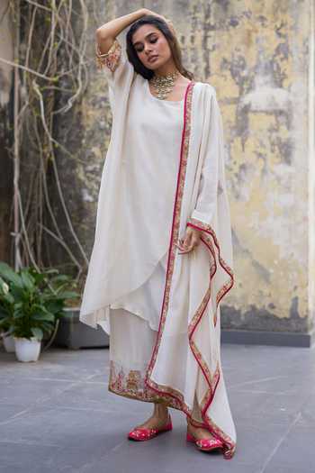 Shop_Sarang Kaur_White Chanderi, Tissue, Silk Embroidery, Zari Sajili Layered Kurta Pant Set _Online