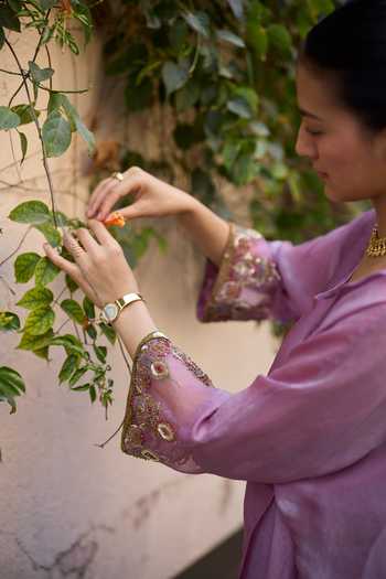 Sarang Kaur_Purple Chanderi , Tissue, Embroidery Round Sajili Layered Kurta Set _Online_at_Aza_Fashions