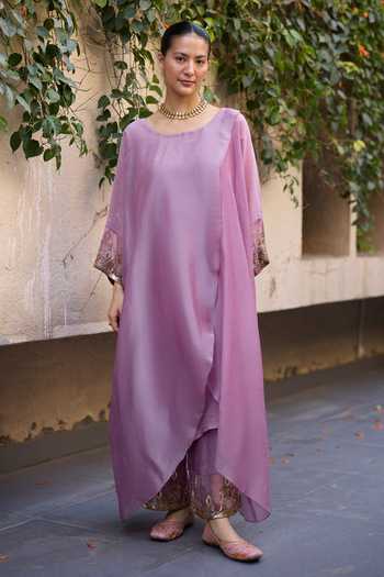 Buy_Sarang Kaur_Purple Chanderi , Tissue, Embroidery Round Sajili Layered Kurta Set _Online_at_Aza_Fashions