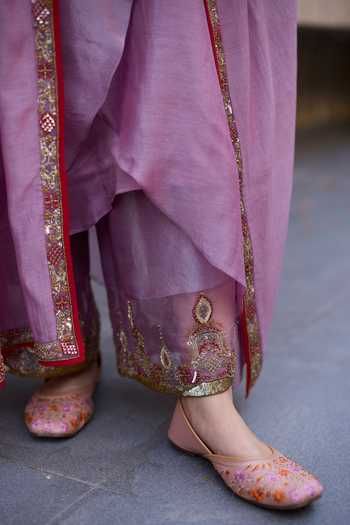 Shop_Sarang Kaur_Purple Chanderi , Tissue, Embroidery Round Sajili Layered Kurta Set _Online_at_Aza_Fashions