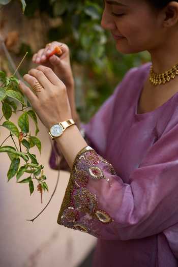 Sarang Kaur_Purple Chanderi , Tissue, Embroidery Round Sajili Layered Kurta Set _at_Aza_Fashions