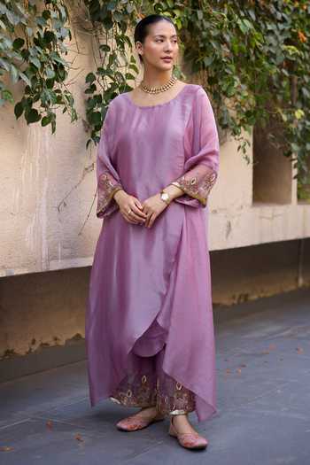 Shop_Sarang Kaur_Purple Chanderi , Tissue, Embroidery Round Sajili Layered Kurta Set _at_Aza_Fashions