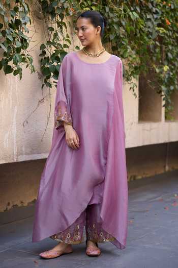 Buy_Sarang Kaur_Purple Chanderi , Tissue, Embroidery Round Sajili Layered Kurta Set 