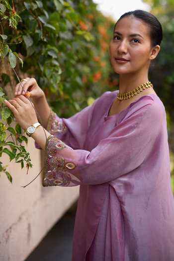 Shop_Sarang Kaur_Purple Chanderi , Tissue, Embroidery Round Sajili Layered Kurta Set 