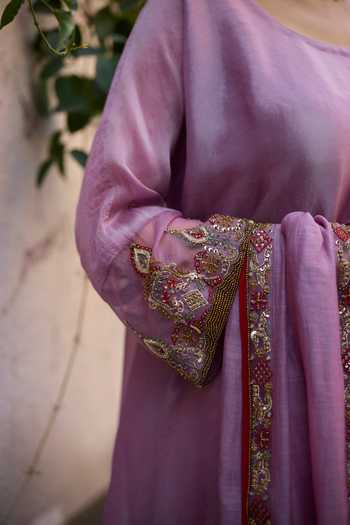 Sarang Kaur_Purple Chanderi , Tissue, Embroidery Round Sajili Layered Kurta Set _Online
