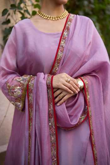 Buy_Sarang Kaur_Purple Chanderi , Tissue, Embroidery Round Sajili Layered Kurta Set _Online