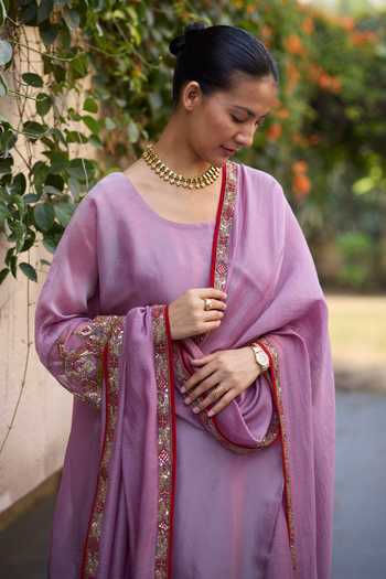 Shop_Sarang Kaur_Purple Chanderi , Tissue, Embroidery Round Sajili Layered Kurta Set _Online