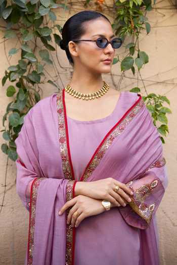 Sarang Kaur_Purple Chanderi , Tissue, Embroidery Round Sajili Layered Kurta Set 