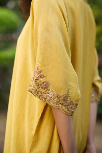 Buy_Sarang Kaur_Yellow Chanderi Silk Embroidery V-neck Sabr Border Kaftan _Online_at_Aza_Fashions