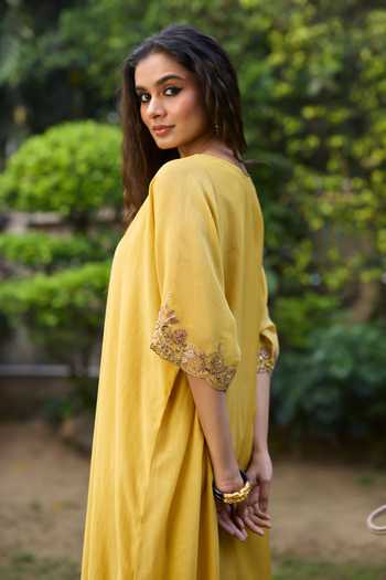 Shop_Sarang Kaur_Yellow Chanderi Silk Embroidery V-neck Sabr Border Kaftan _Online_at_Aza_Fashions