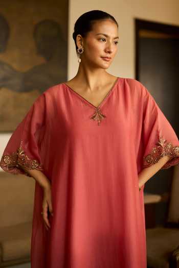 Sarang Kaur_Pink Chanderi Silk Embroidery, Zari V-neck Sabr Hand Border Kaftan _Online_at_Aza_Fashions