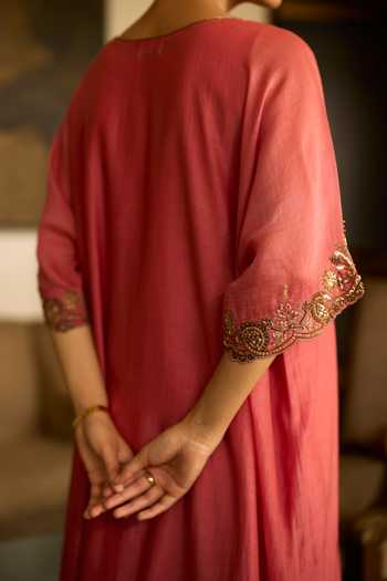 Shop_Sarang Kaur_Pink Chanderi Silk Embroidery, Zari V-neck Sabr Hand Border Kaftan _Online_at_Aza_Fashions